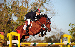 Canadian equestrian Ian Millar and his horse riding over an oxer during a competitio